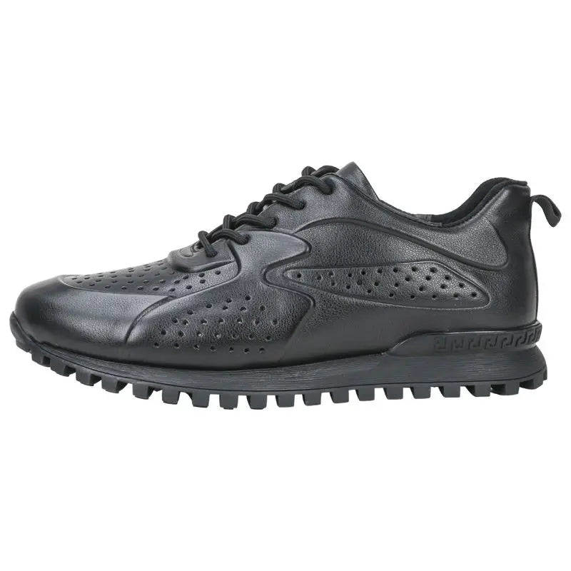 Genuine Leather Black Hollow Out Breathable Sneakers