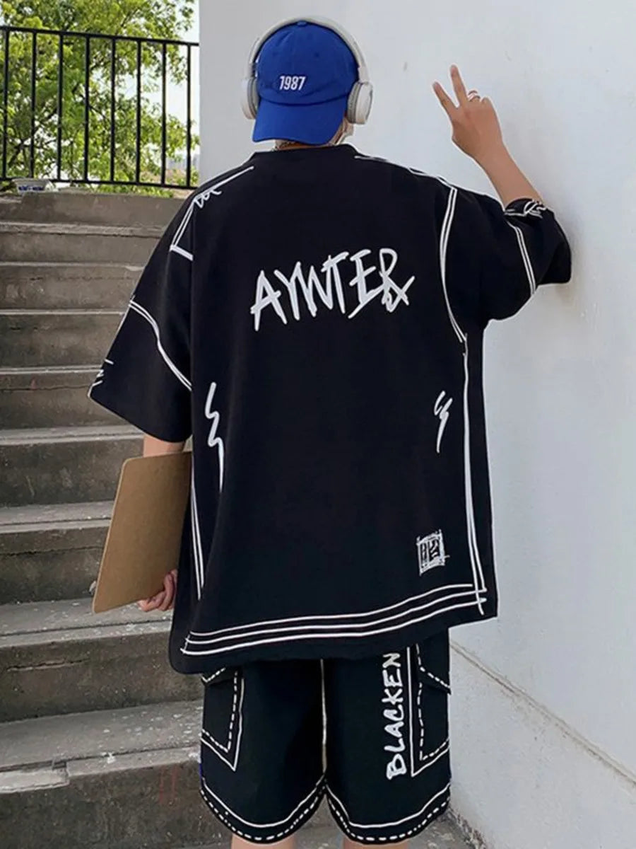 Solid Graffiti Oversize T-Shirt Shorts Set