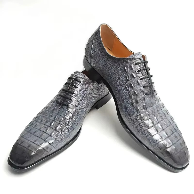 Grey Color Crocodile Leather Pattern Shoes