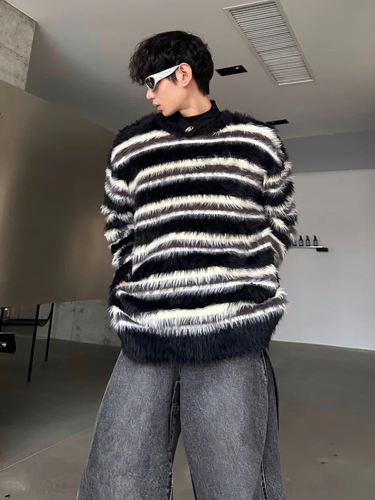 Striped Design Plush Oversize Sweater