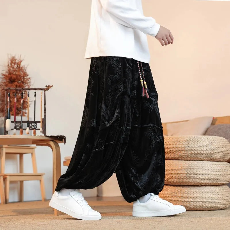Velvet Dragon Print Loose Pants