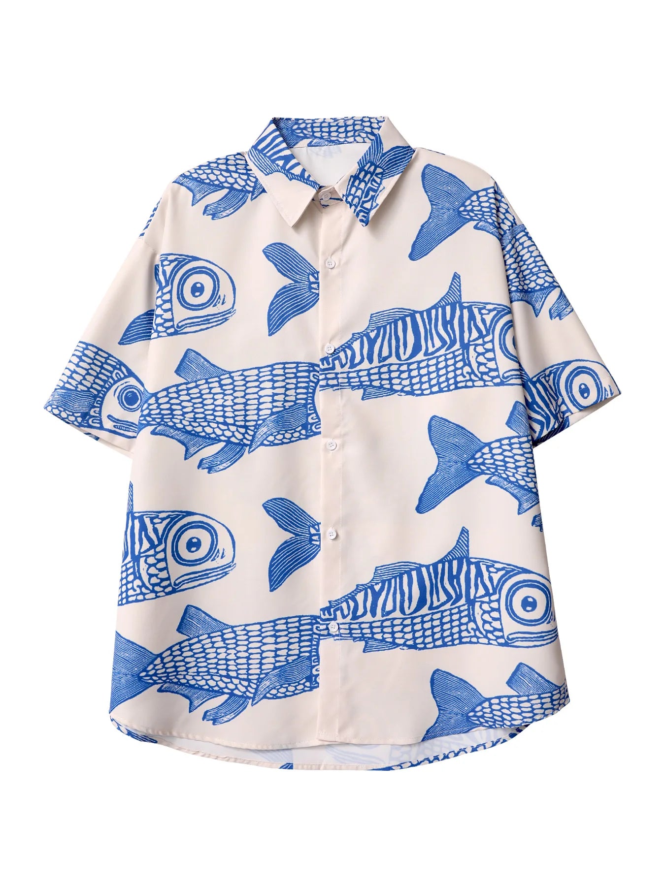 Oversized Blue Small Fish Print Shirt