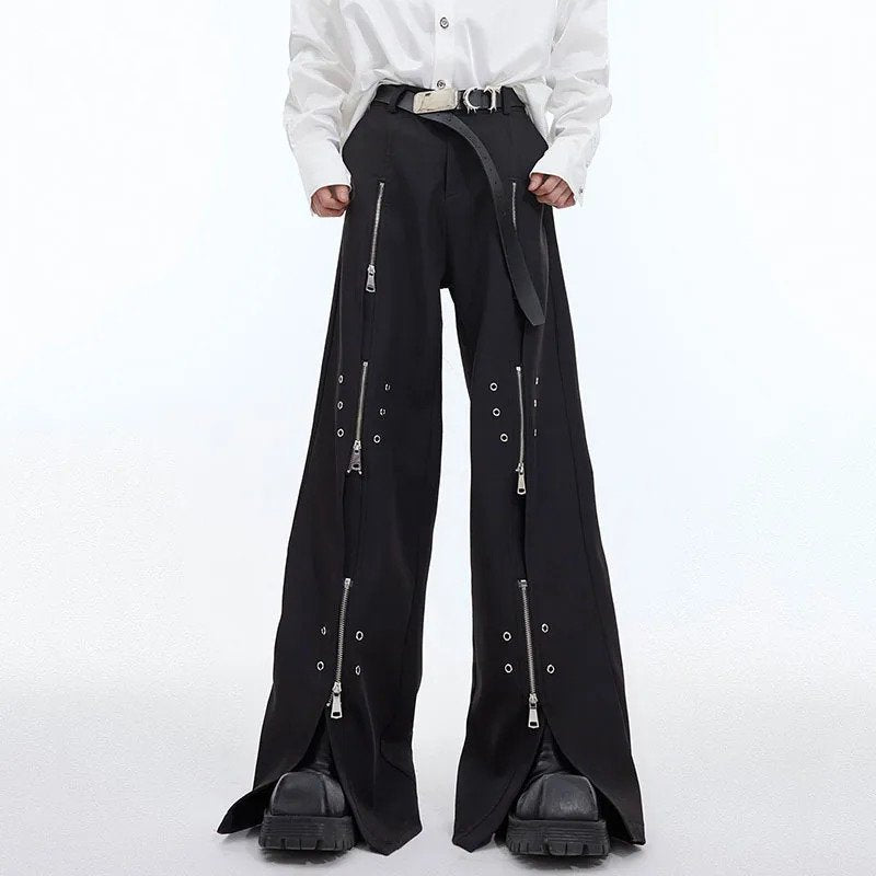 Multi-Zipper Metal Decoration Solid Pants