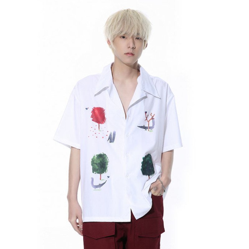 Tree Cartoon Print Lapel Collar Shirt