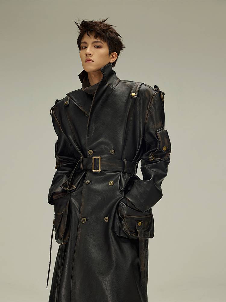 Black Solid Distressed Belt Double Trench Coat