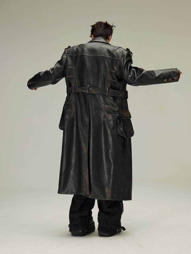 Black Solid Distressed Belt Double Trench Coat