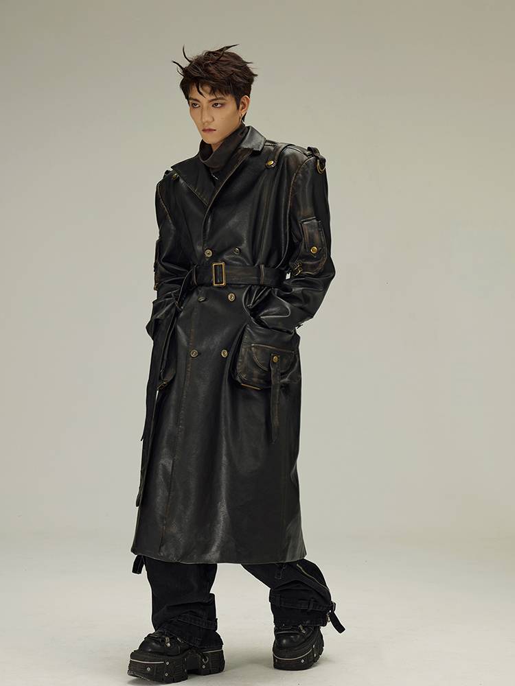 Black Solid Distressed Belt Double Trench Coat