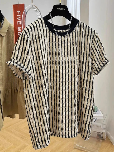 Streetwear Striped Textured Loose T-Shirt