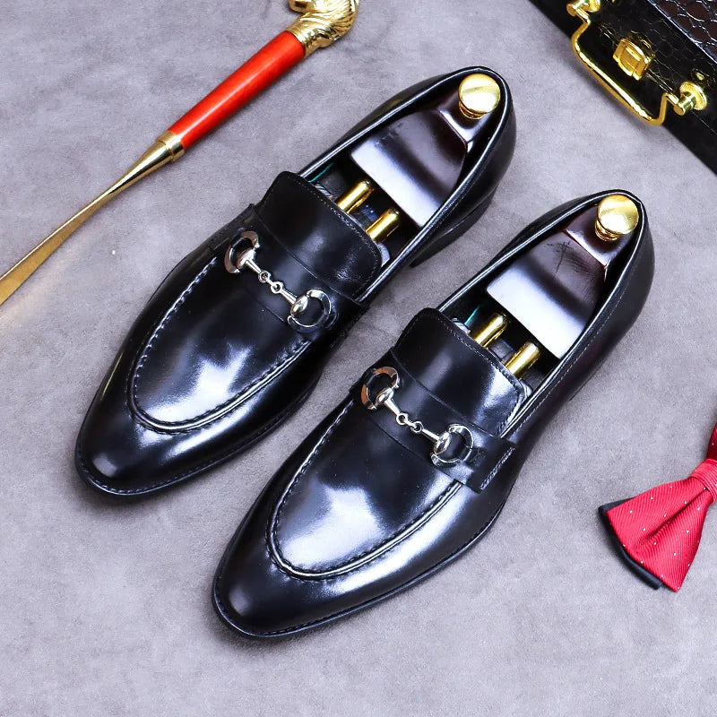 Metal Horsebit Casual Bright Genuine Leather Loafers