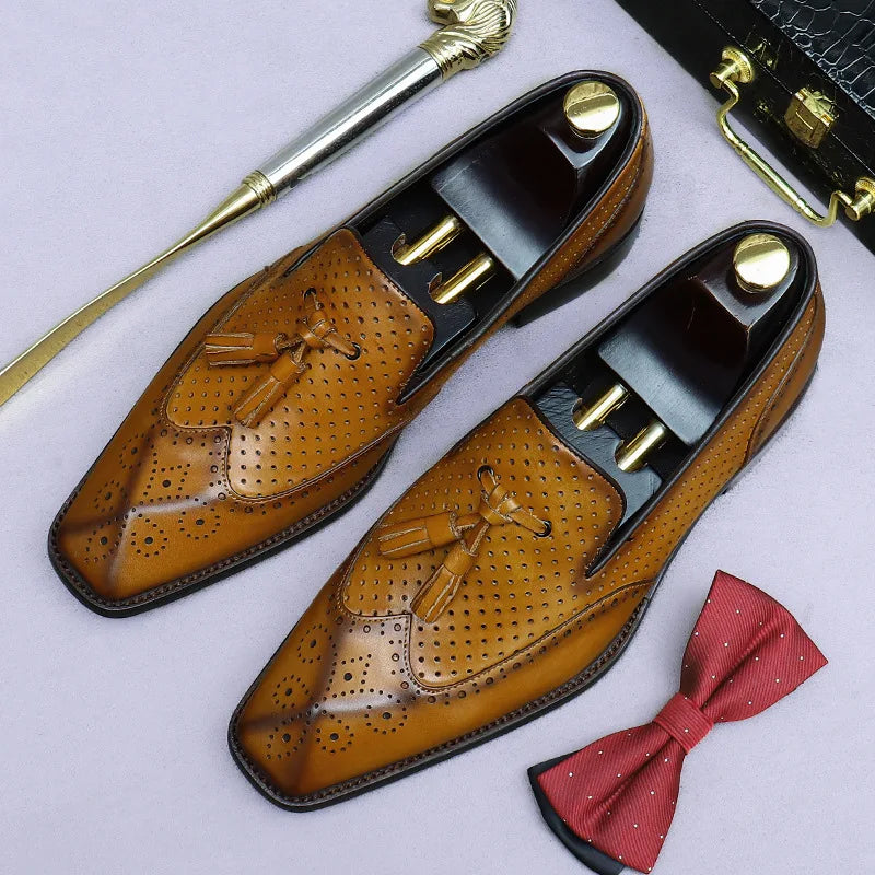Tassel Hollow Dots Leather Wingtip Loafers