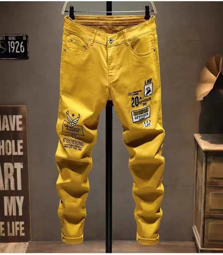 Badge Patchwork Straight Slim Fit Jeans