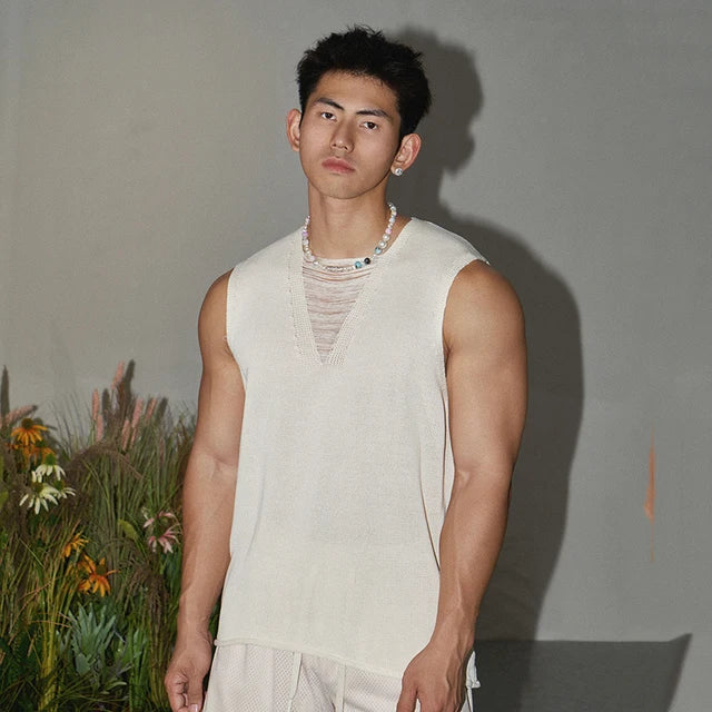 Woven V-Neck Knitted Casual Tank Top