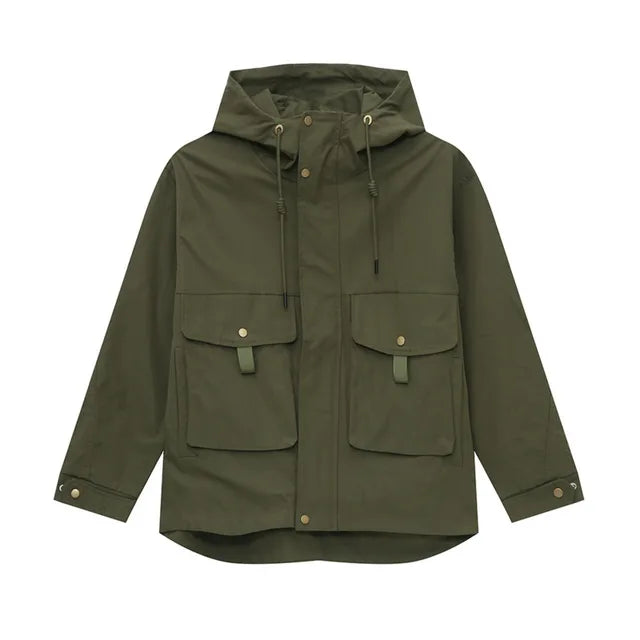 Solid Big Pockets Drawstring Hooded Jacket