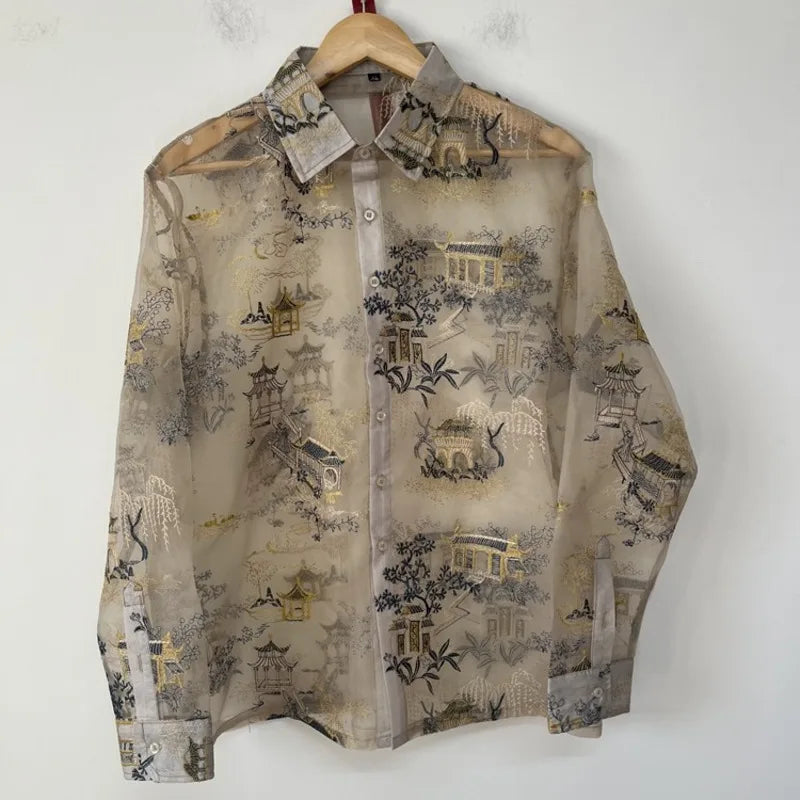 Oriental Embroidery Sheer Organza Shirt