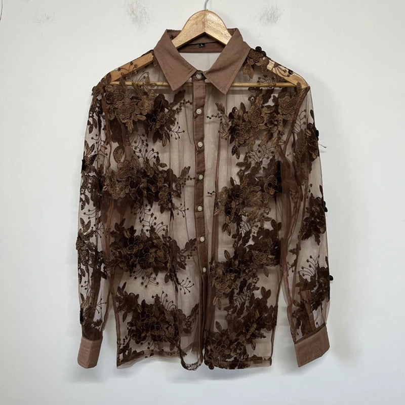 Brown Floral Embroidery Sheer Shirt