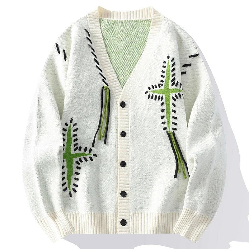 Solid Contrast Star Knitted Patchwork Cardigan