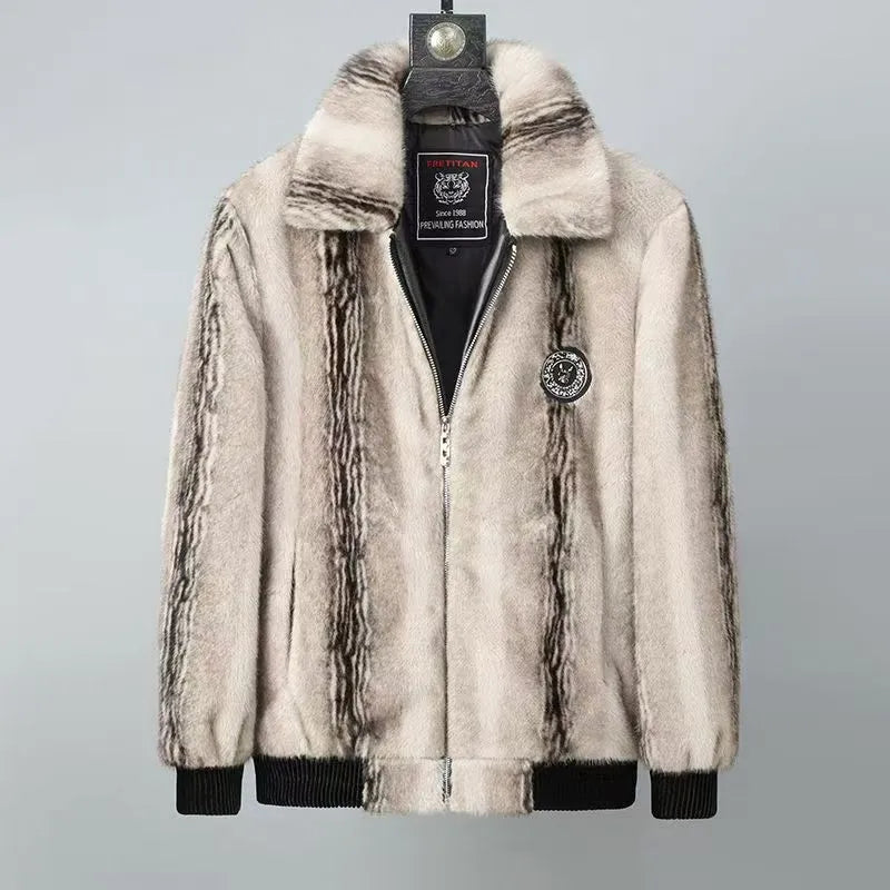 Fluffy Stripe Turn-down Collar Jacket