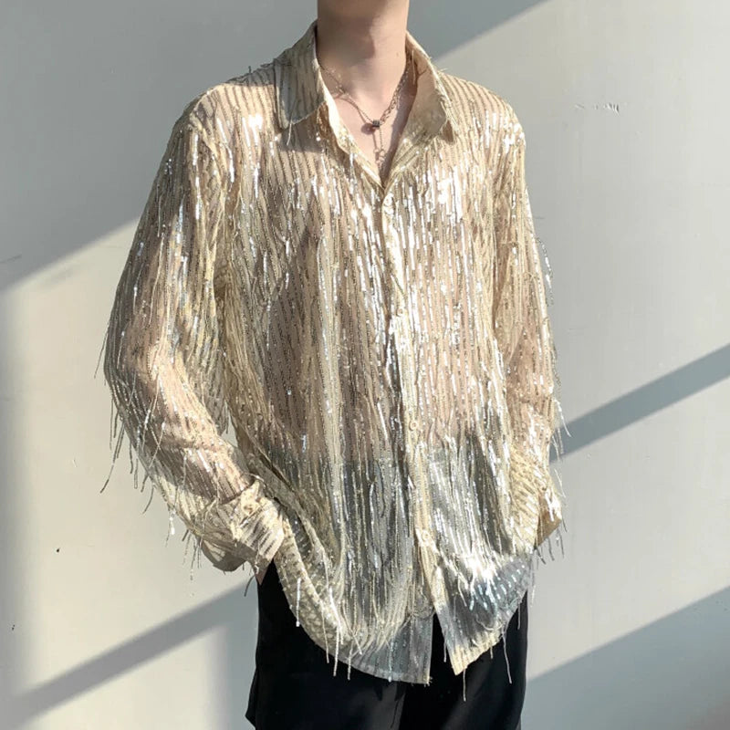 Tassel Sequins Lapel Thin Loose Shirt