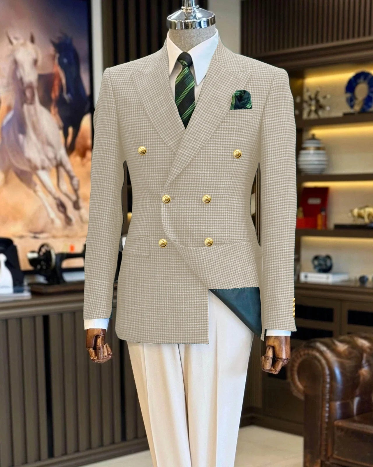 Double Breasted Houndstooth Peak Lapel Blazer