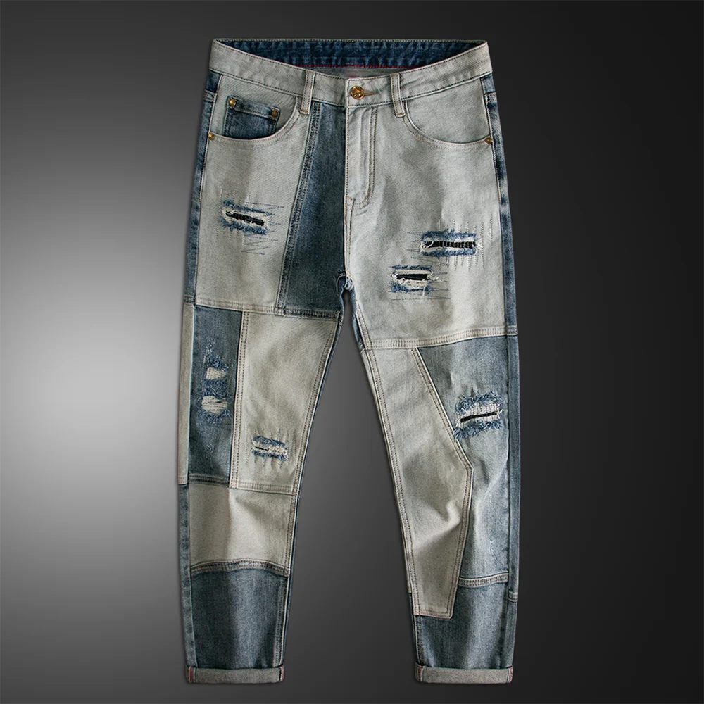 Ripped Straight Patchwork Men's Jeans