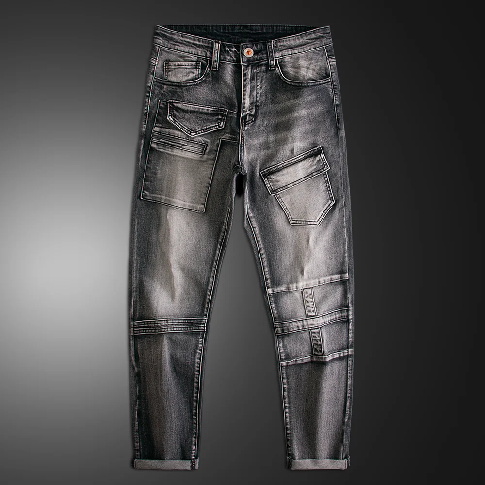 Black Patchwork Pocket Ripped Men's Jeans