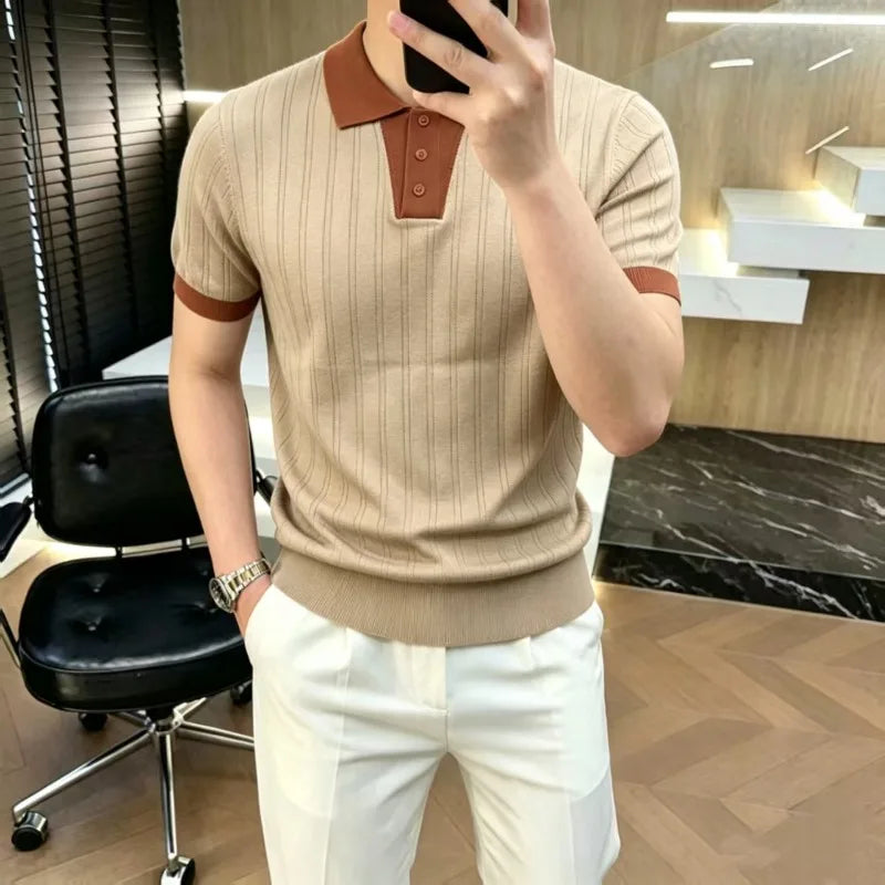 Casual Elegant Splicing Knitted Polo Shirt