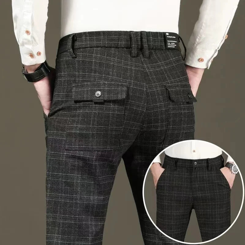 Black Grey Casual Plaid Straight Fit Trousers