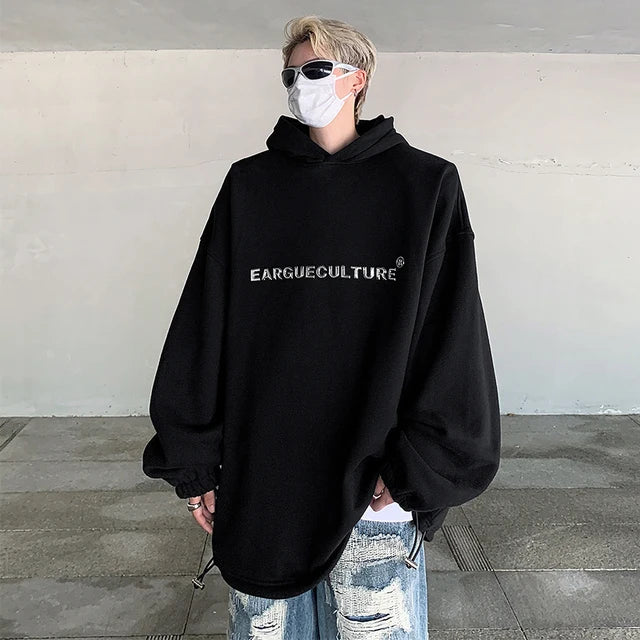 Solid Black 3D Letter Oversize Hoodies