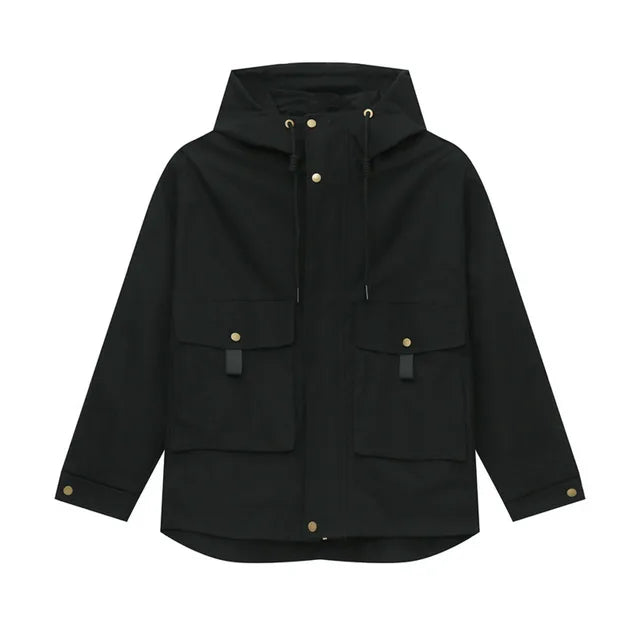 Solid Big Pockets Drawstring Hooded Jacket