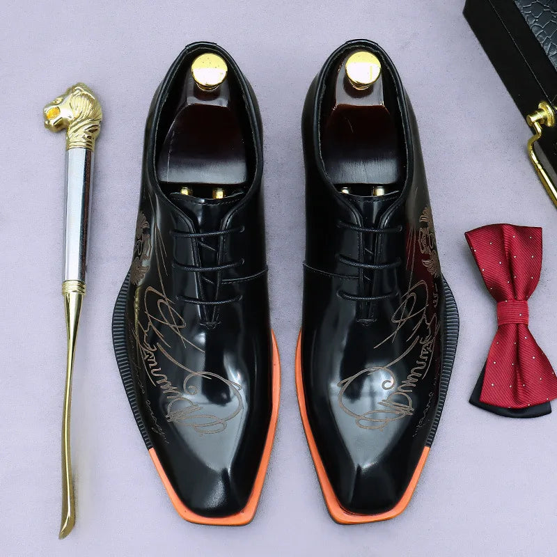 Handmade Engraving Black Genuine Leather Shoes