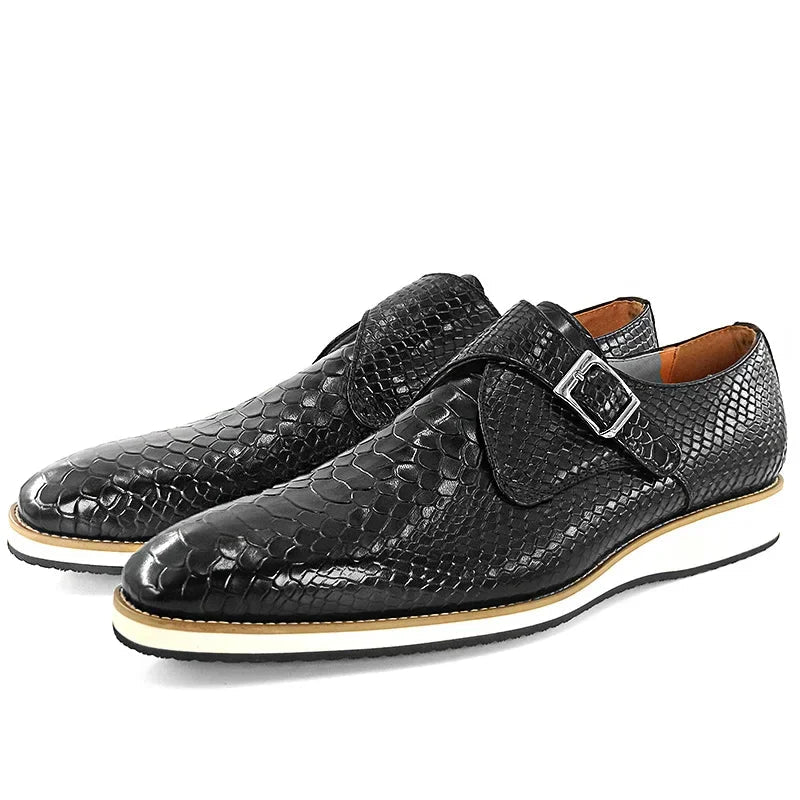 Black Snake Print Buckle Strap Monk Shoes