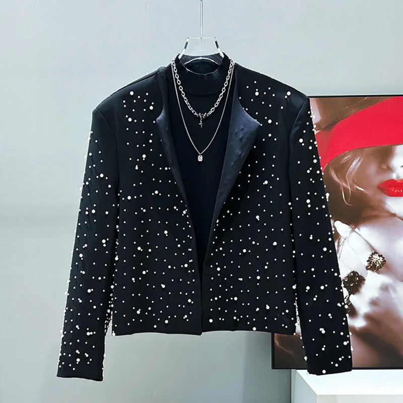 Pearl Beaded Decoration Cropped Blazer
