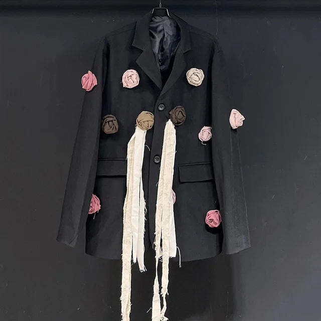 Solid Black Patchwork Roses Loose Blazer