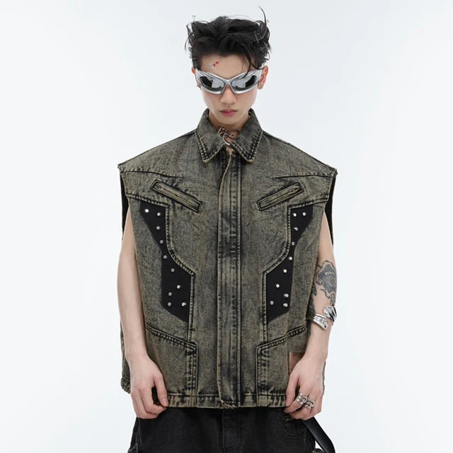 Irregular Old Metal Rivet Denim Vest