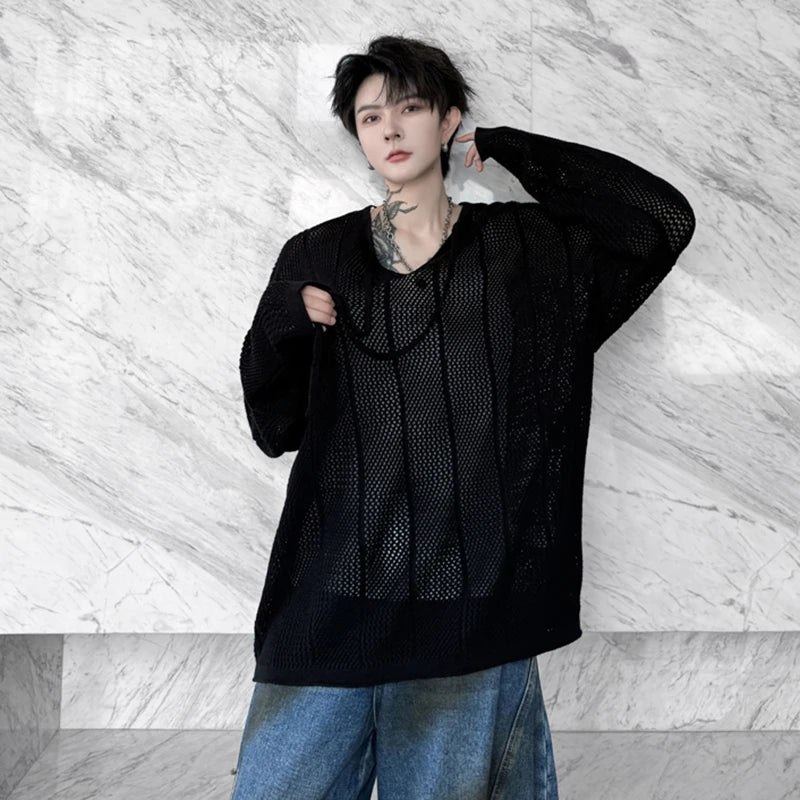 V-Neck Ribbon Hollow-Out Knitted Pullover