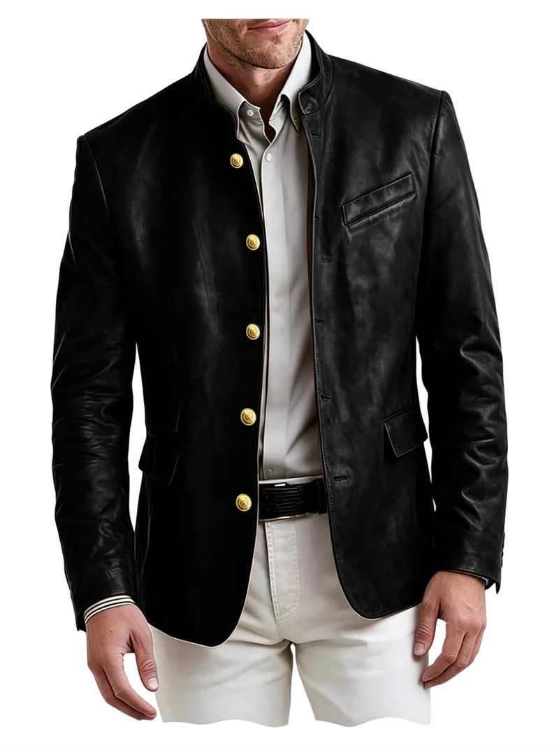 Golden Metal Buttons Leather Jacket