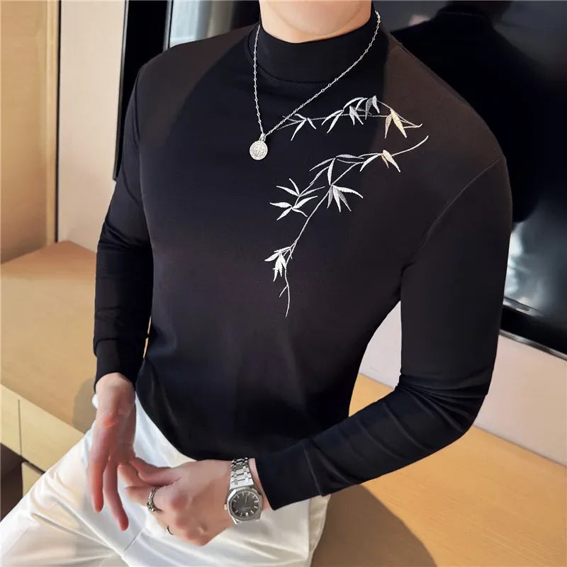 Solid Embroidered Turtleneck T-Shirt