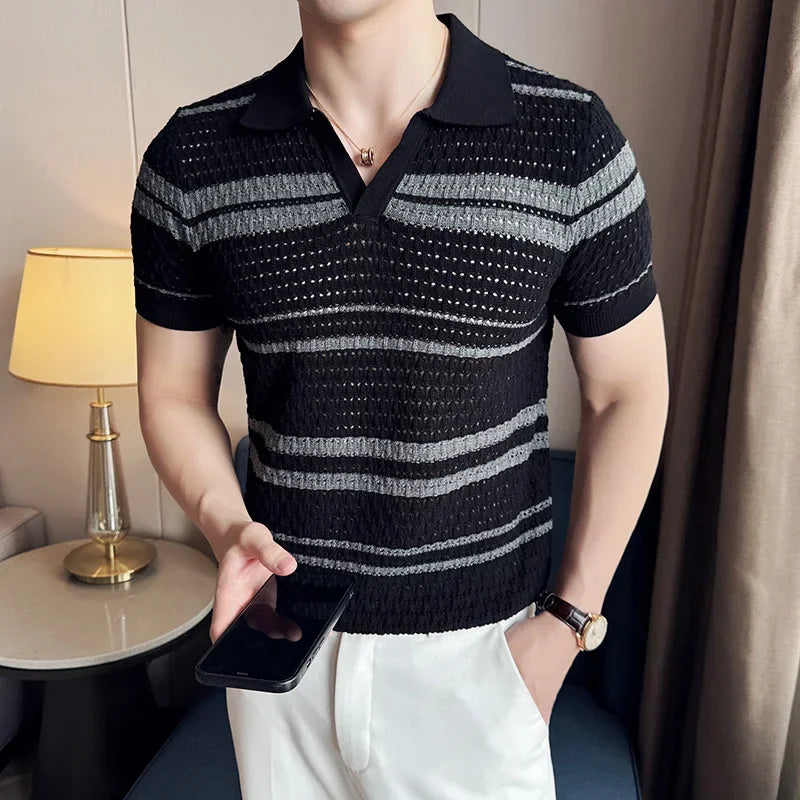 Stripe Knitted Hollow Men's Polo Shirt