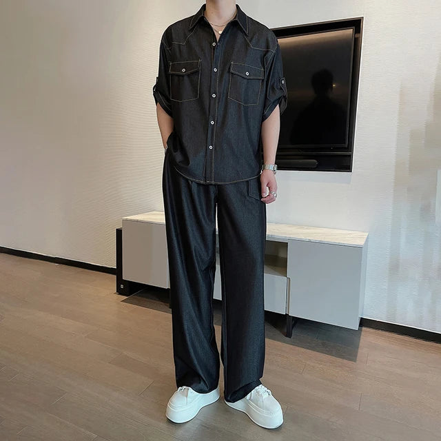 Casual Solid Denim Shirt Pants Set