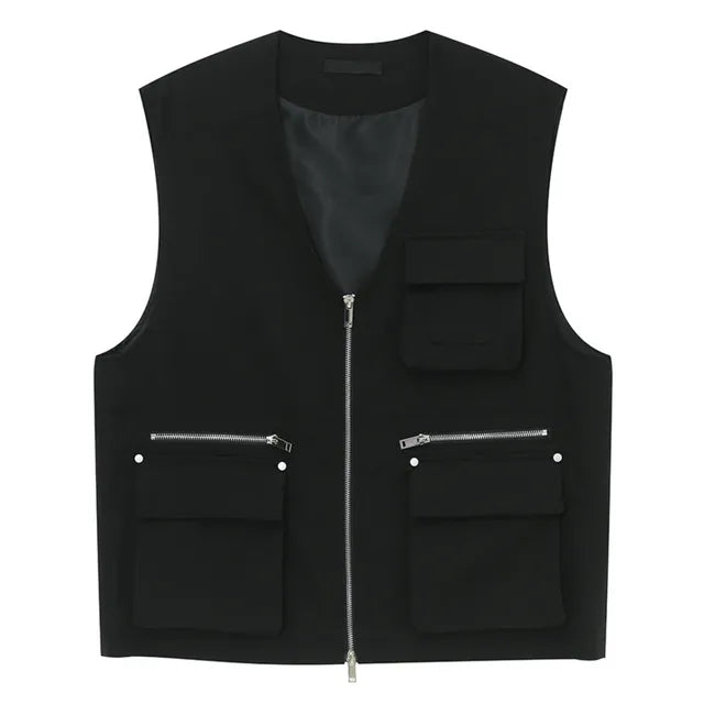 Black Multi-Pockets Zipper Vest