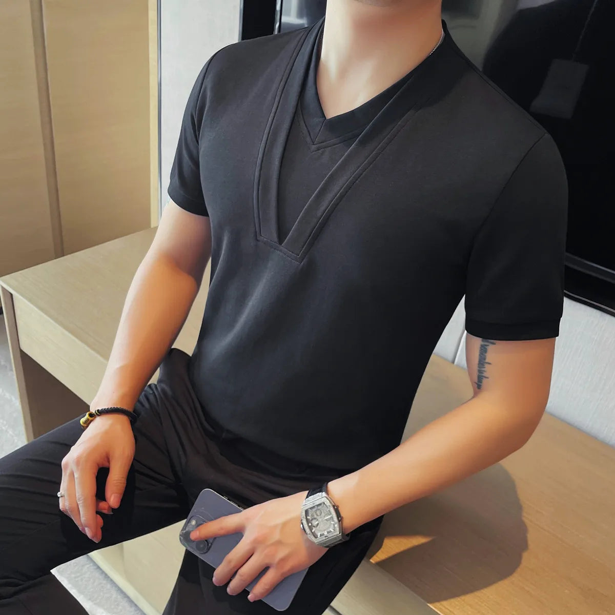 Double Layer V-Neck Solid T-Shirt