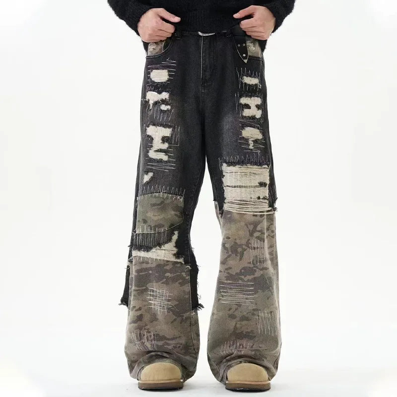 Patchwork Camouflage Worn-Out Straight Jeans