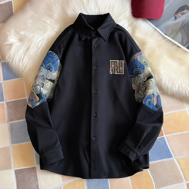 Embroidery Bear Patchwork Long Sleeve Shirt