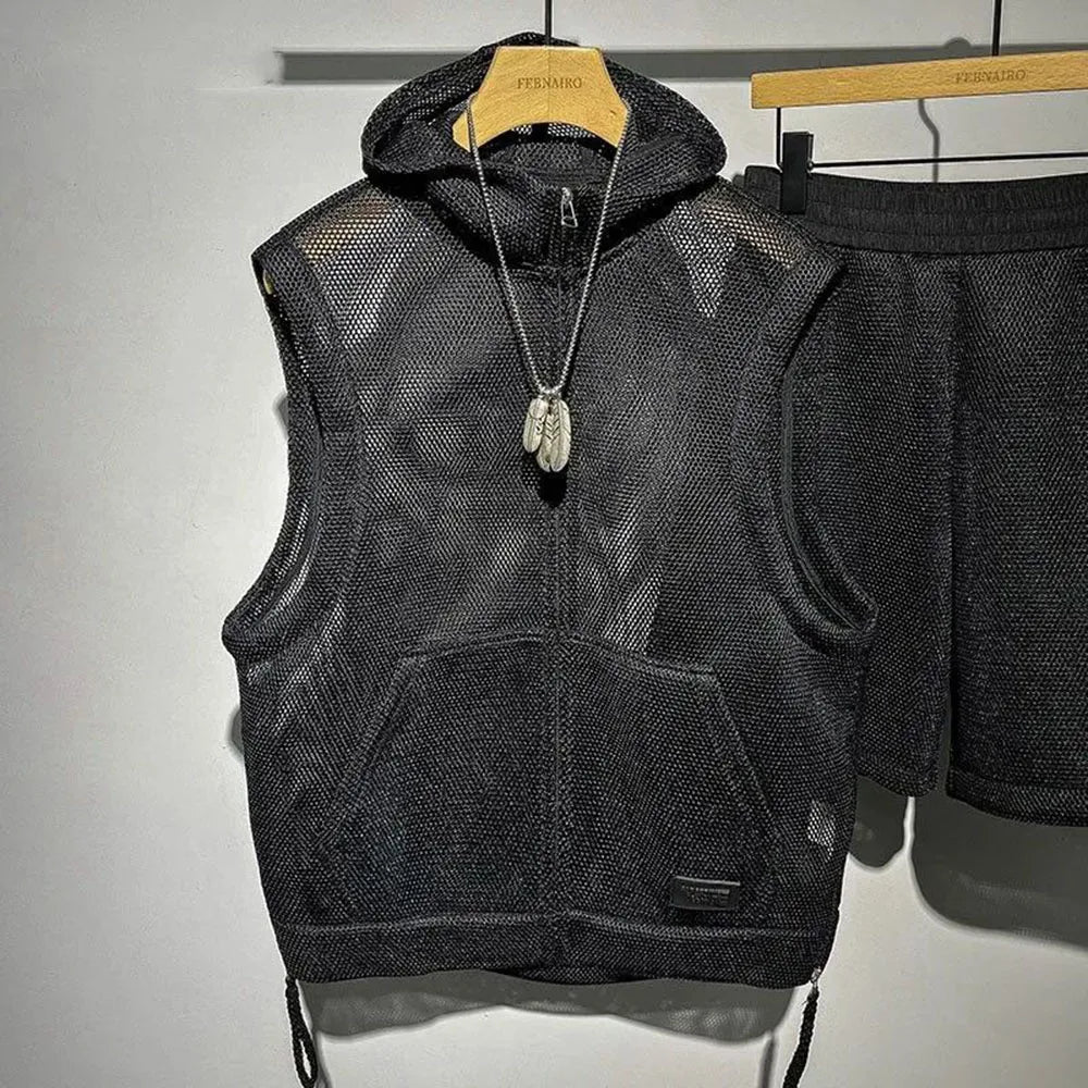 Solid Color Mesh Zipper Hooded Vest