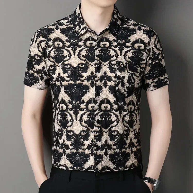 Ice Silk Palace Pattern Short-Sleeved Shirt