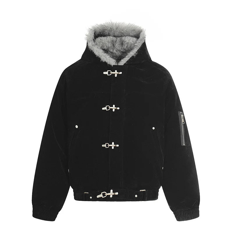 Metal Buckle Faux Fur Hooded Jacket
