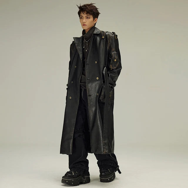 Black Solid Distressed Belt Double Trench Coat