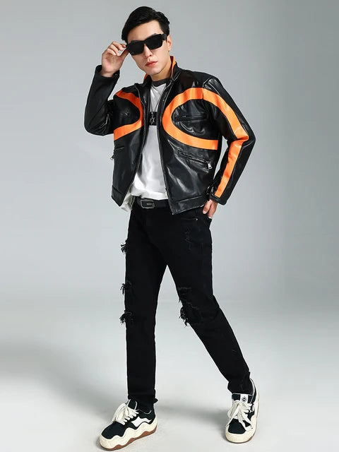 Black Orange Patchwork PU Leather Jacket