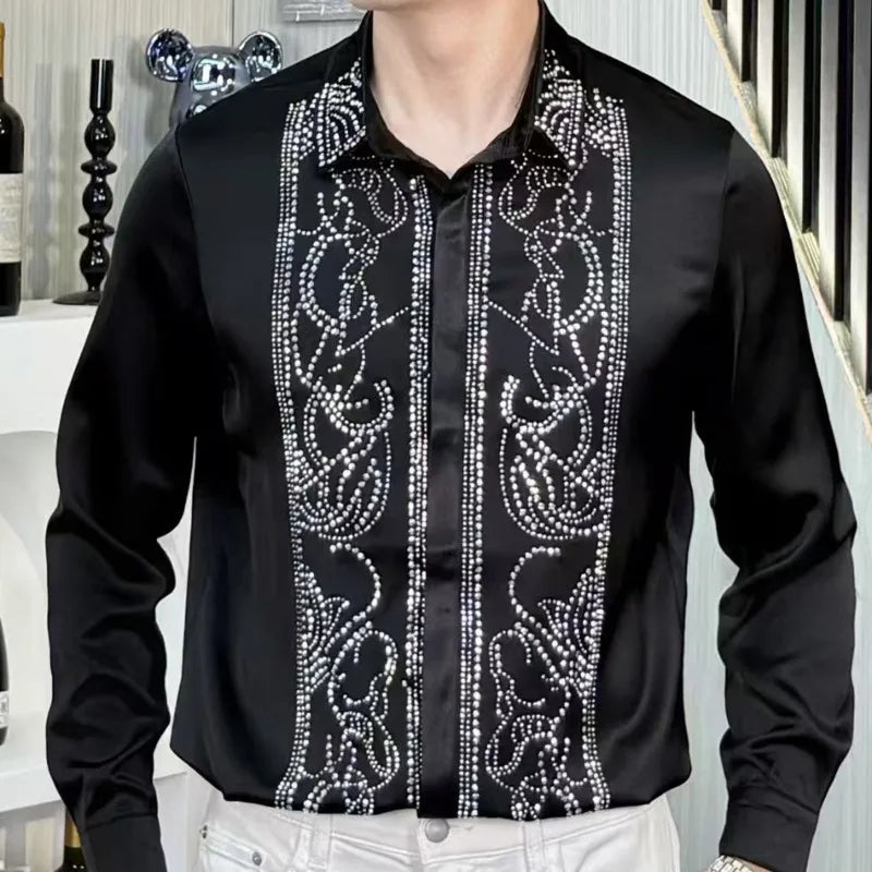 Long Sleeve Rhinestones Decor Style Shirt