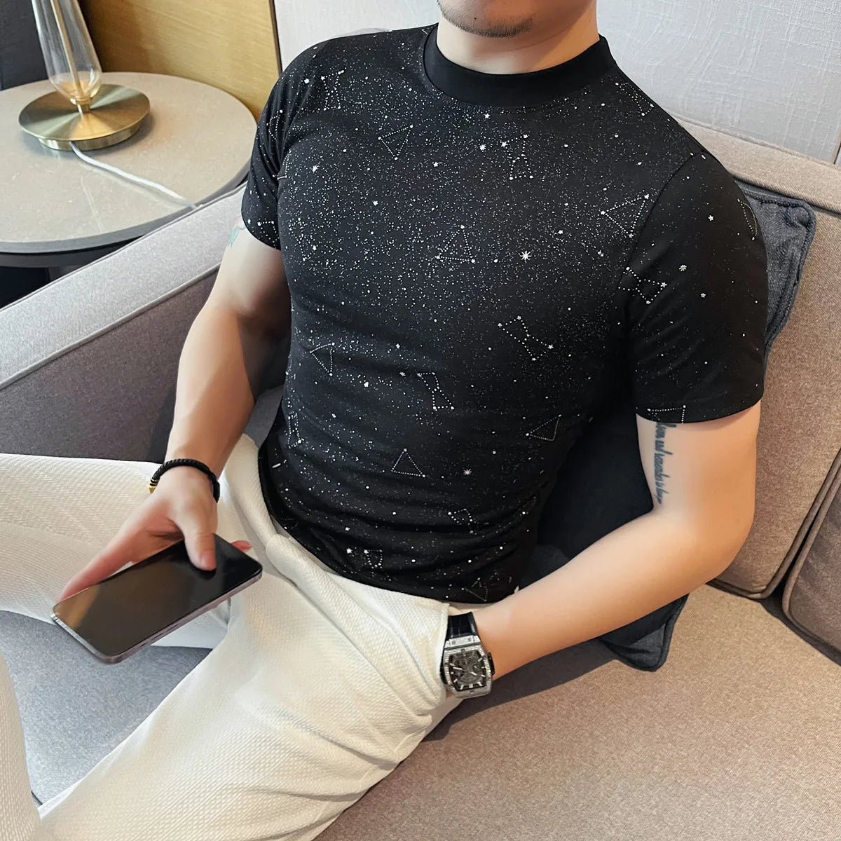 Luminous Stars Pattern Slim-Fit T-Shirt
